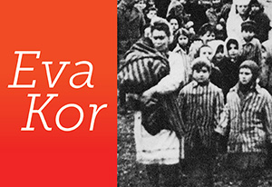 eva kor spotlight graphic to promote Eva Kor's visit to Indiana Tech. within the graphic is a photo of prisoners at auschwitz.